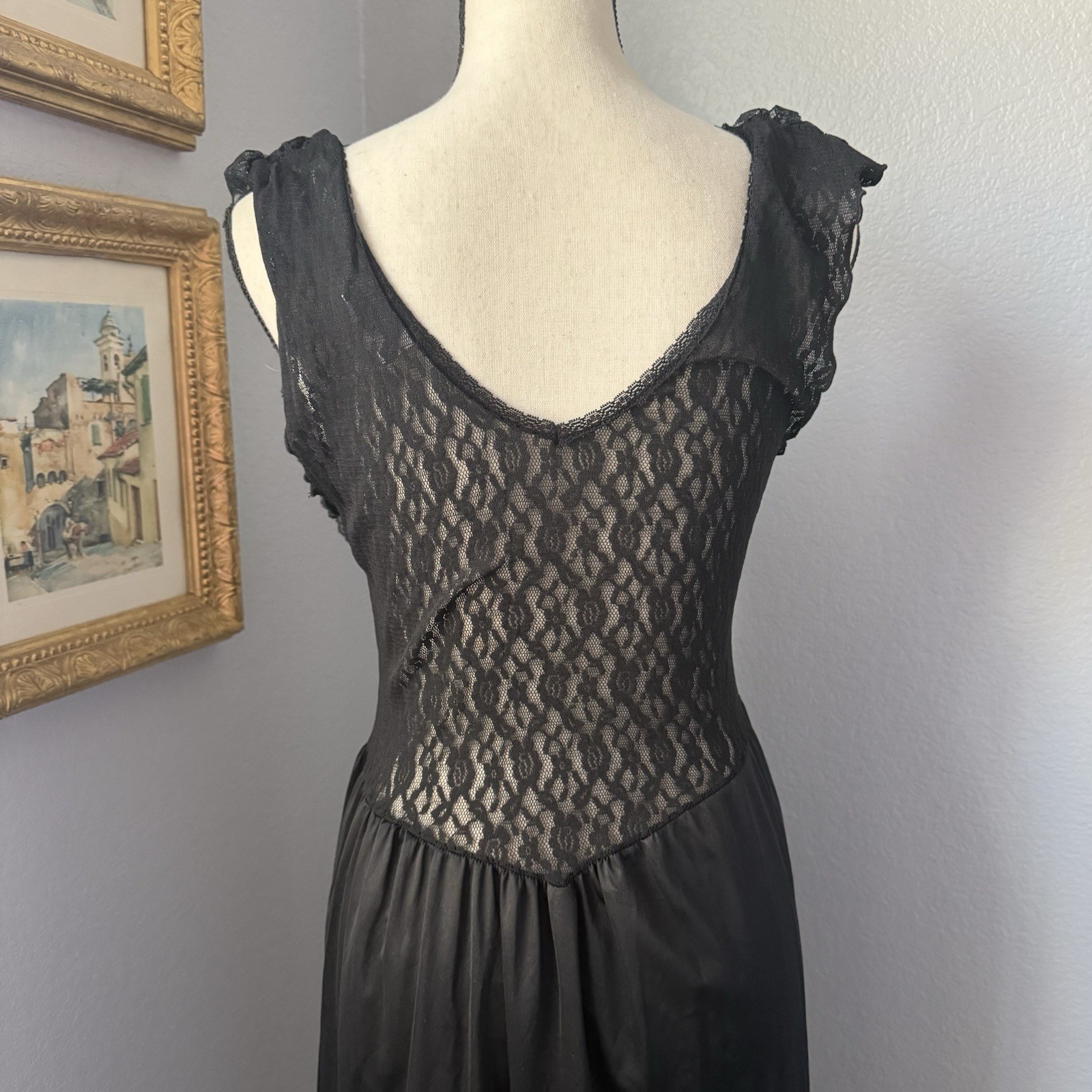 Vintage Black Nylon Slip Dress Dark Coquette Babydoll Lace Festival Rave Witchy