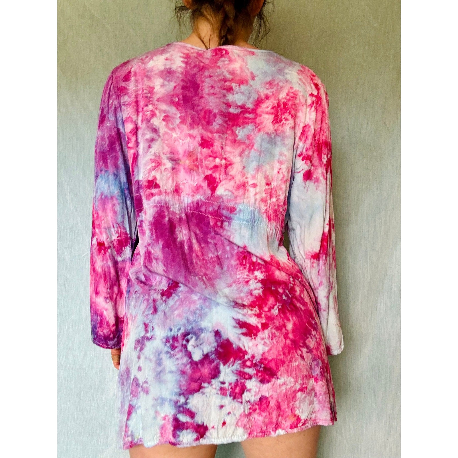 Ice Dyed Pink and Purple Vintage Blouse with Embroidery Boho Tunic Cover Up