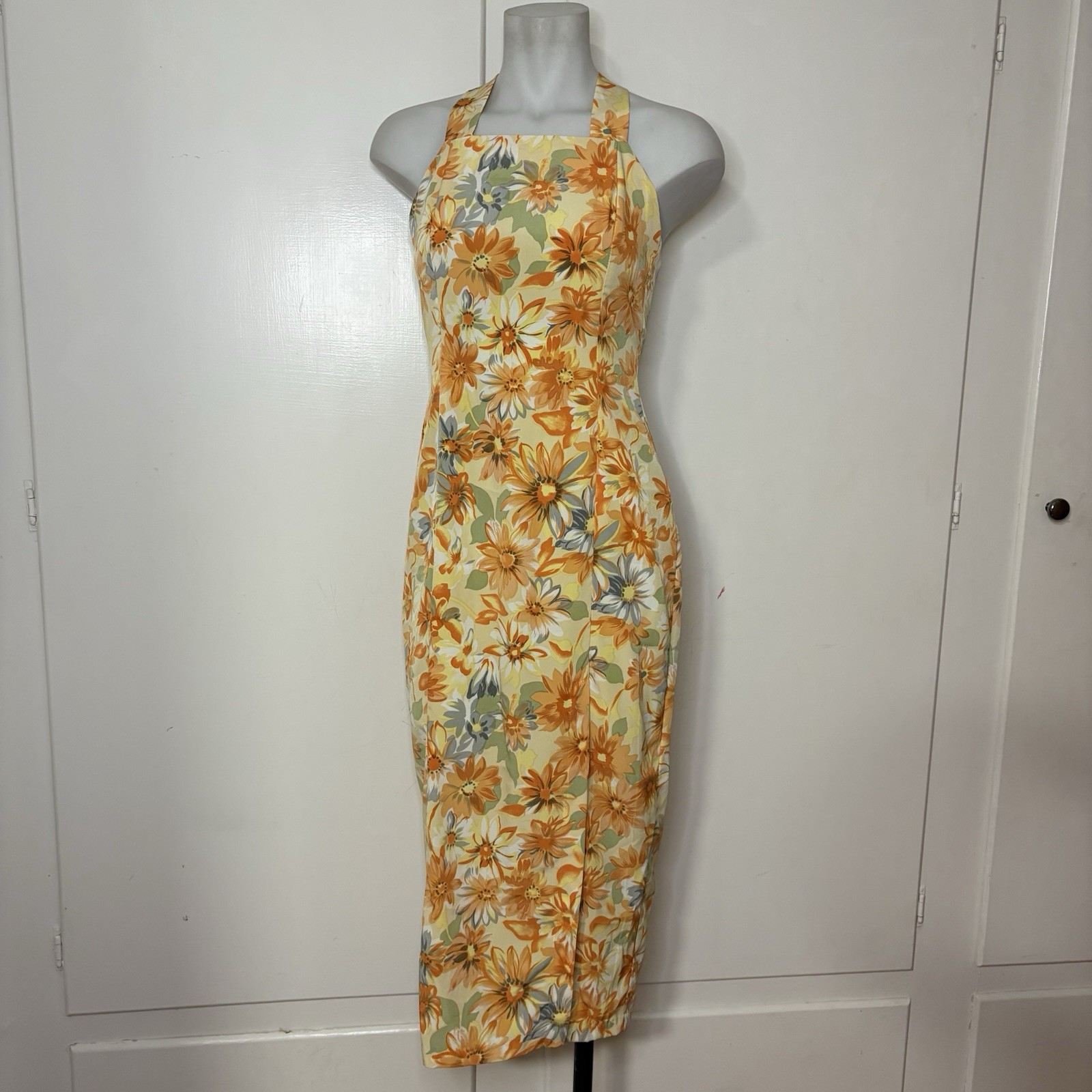 Vintage 90s Orange Floral Cross Back Square Neck Midi Dress with Slit