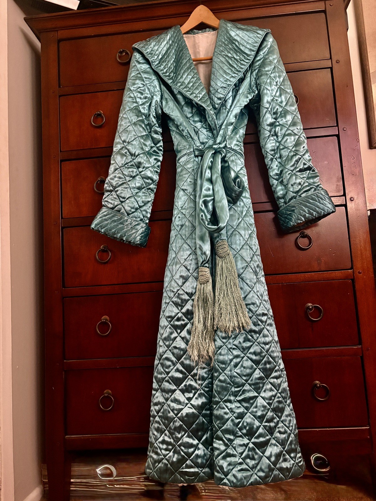 Vintage Original Hollywood Regency Style Quilted Blue Satin Dressing Gown Robe