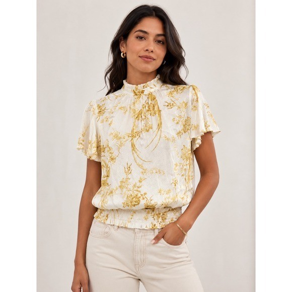 Rose + Olive Yellow Floral Bird Smocked Mock Neck Blouse White Short Sleeve Top