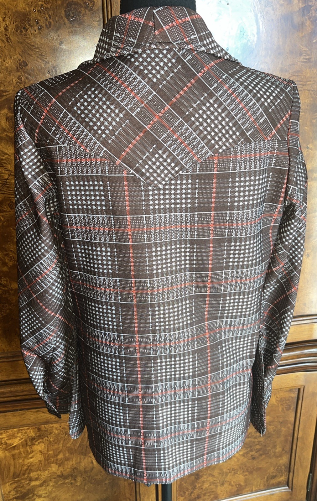Vintage 70s Handmade Brown/Red Plaid Button Down Shirt Flare Collar Size M