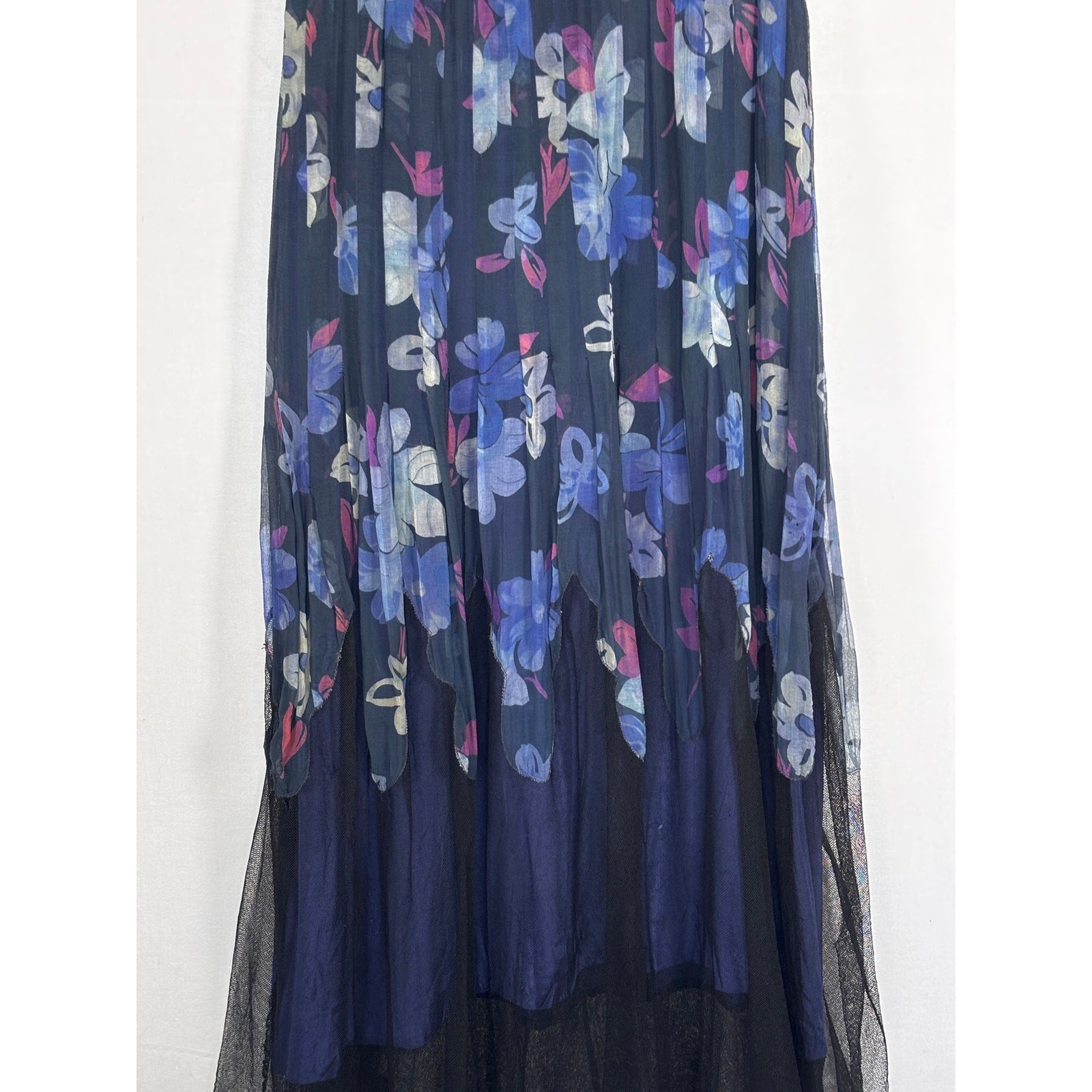 Antique 1920s Navy Floral Silk Dress Flapper Era Flutter Sleeve Drop Waist
