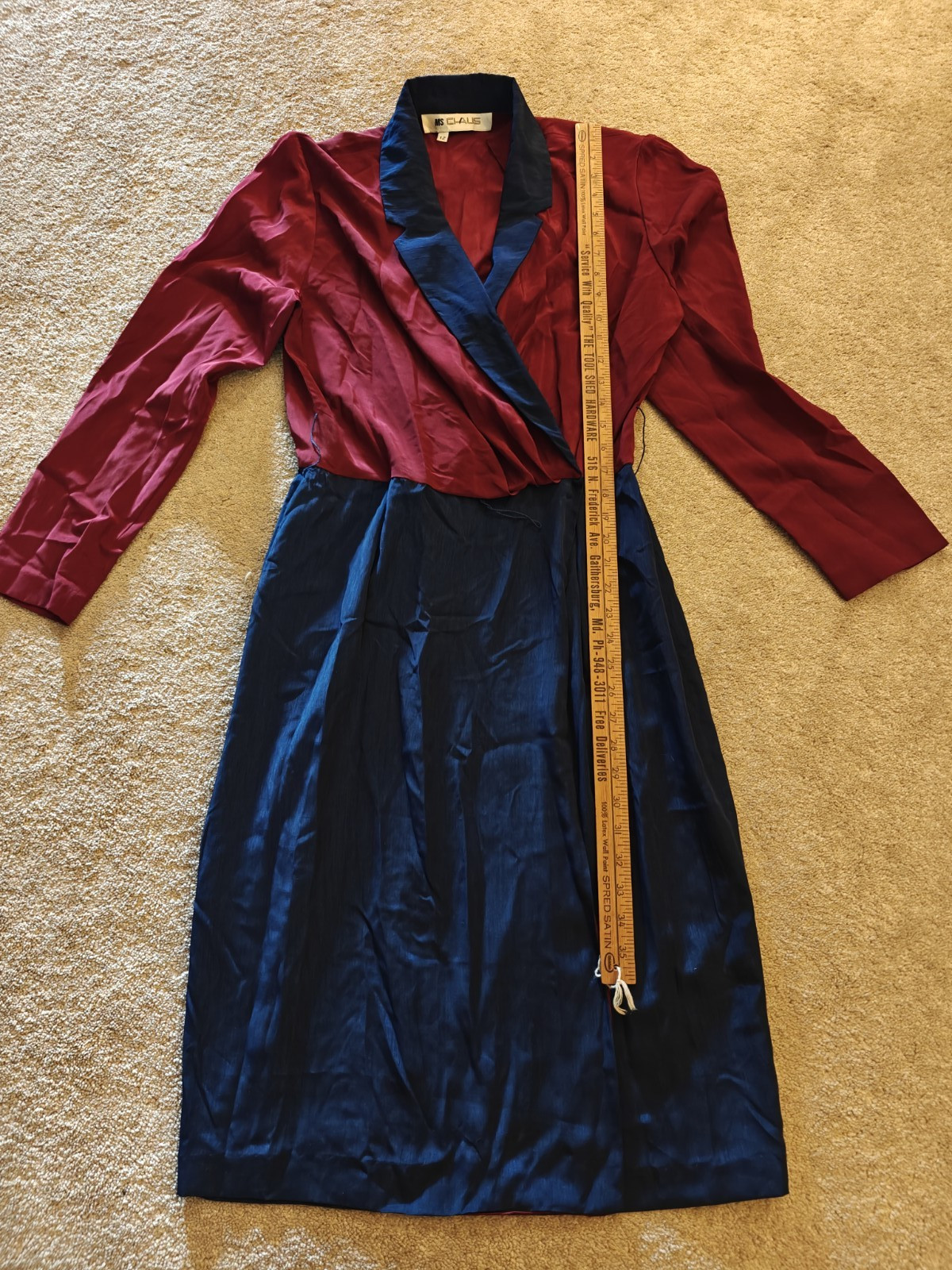 Vintage Ms Chaus 12 Navy Blue Maroon Pleated Business Dress w/ Belt