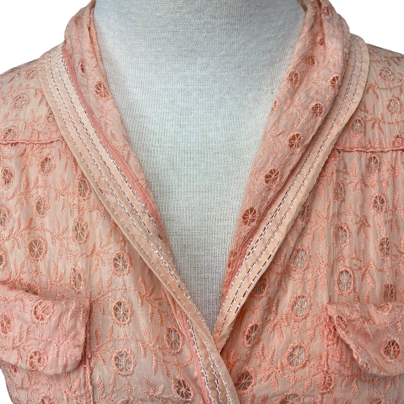 Vintage Womens (M/L) 50s Peach Eyelet Dress Boho Prairie Buttons Western Sheer