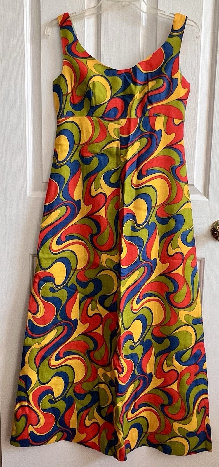 Vtg 1960s Handmade Sleeveless Maxi Dress Psychedelic Swirl Mod Flower Power