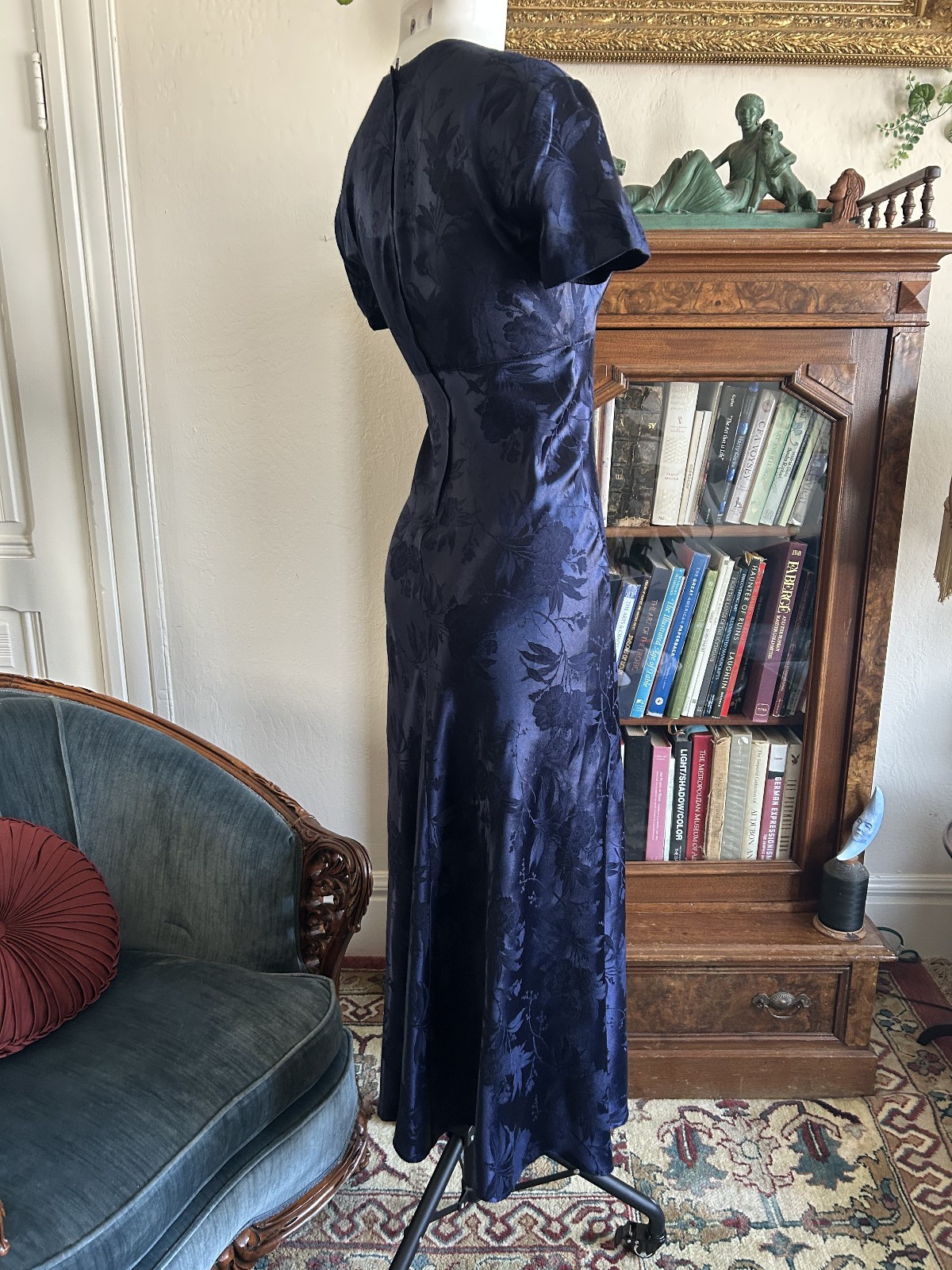 Vintage 1990s Deep Blue Satin Floral Maxi Dress Square Neck Bias Cut S 5/6 Y2K