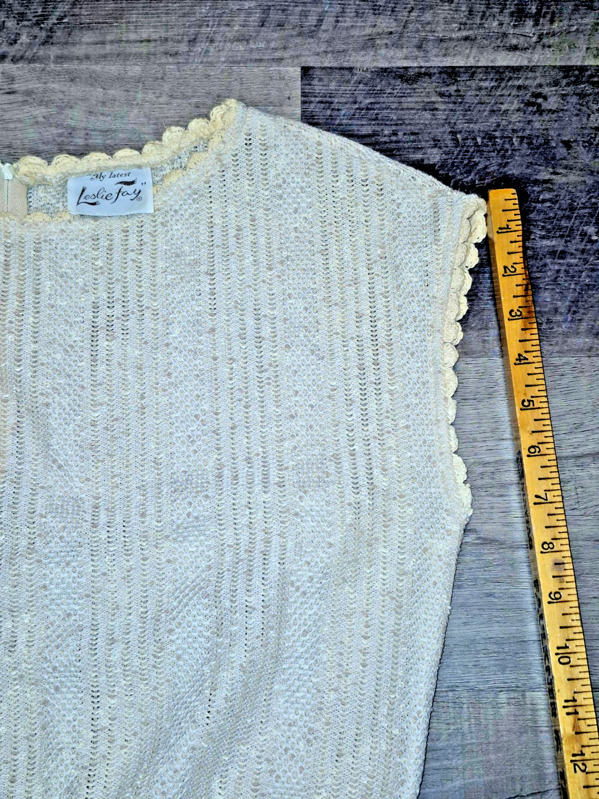 Vintage Leslie Fay My Latest 2-Piece Knit Set Cream Peplum Top Skirt 70s Boho