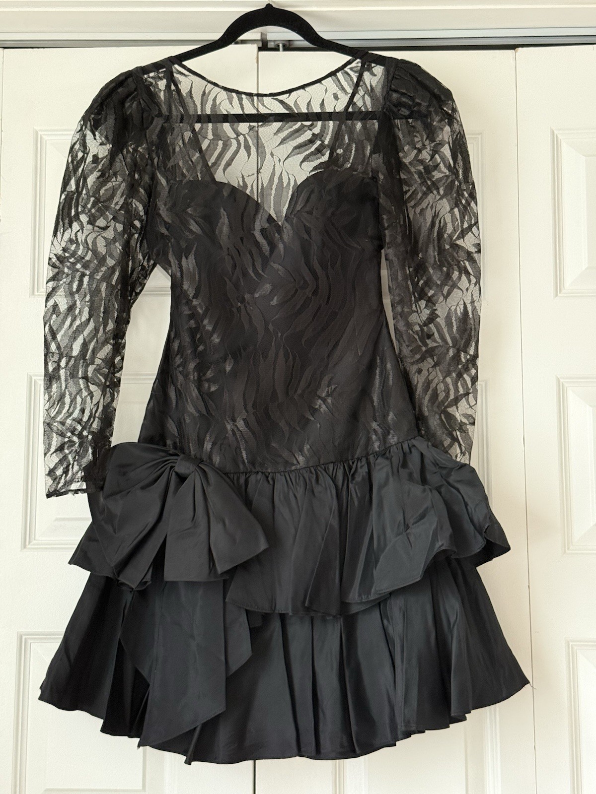 80s Vintage Prom Dress Black Taffeta Shoulder Pads Long Sleeve