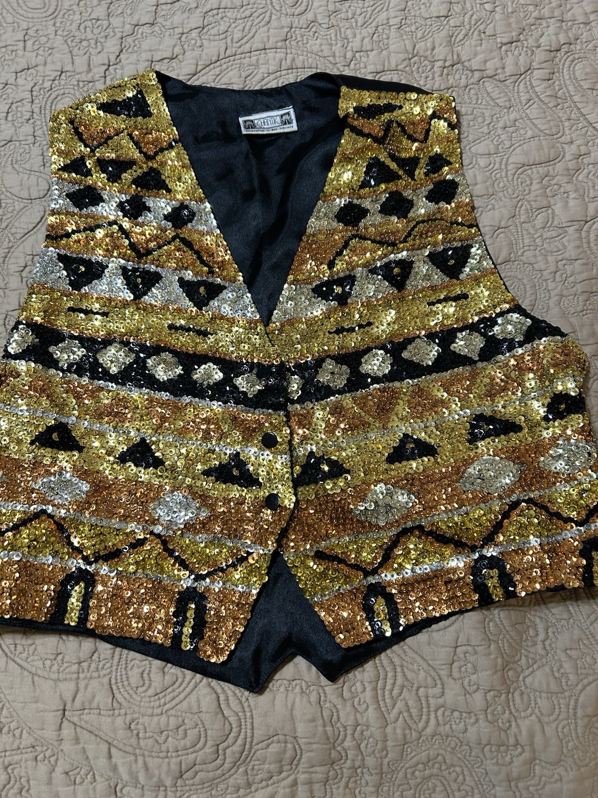 VTG Womans Size L Vest Sequin Beaded Gold Handmade Adj waist Casino Dealer