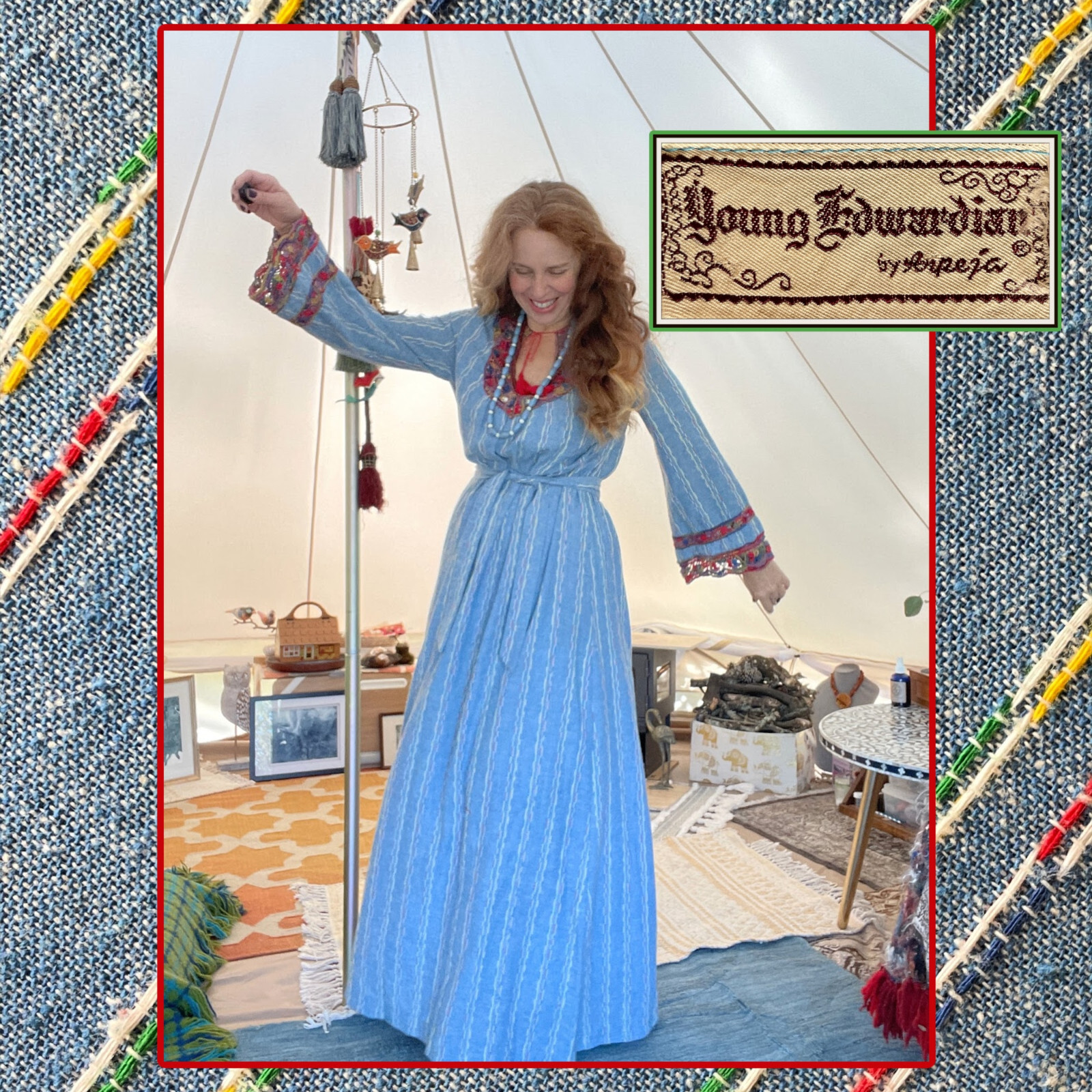 Rare YOUNG EDWARDIAN Woven Hippie Bohemian Rainbow Trim Maxi-Length Dress XL T