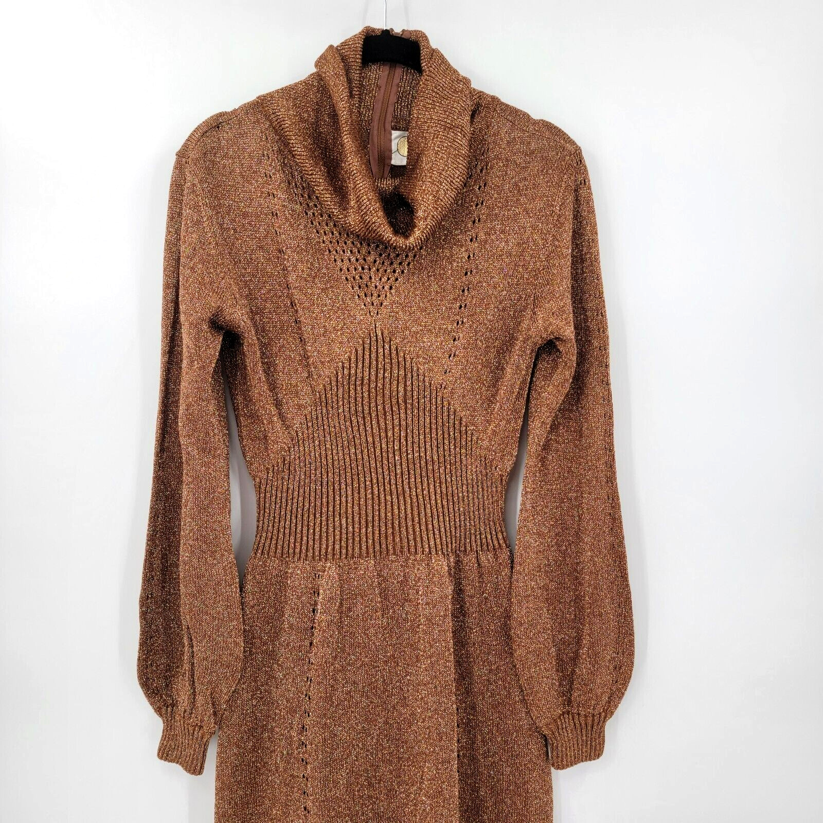 Vtg 70s Disco Wenjilli Sz 15/16 Copper Gold Metallic Knit Maxi Dress Cowl Gown
