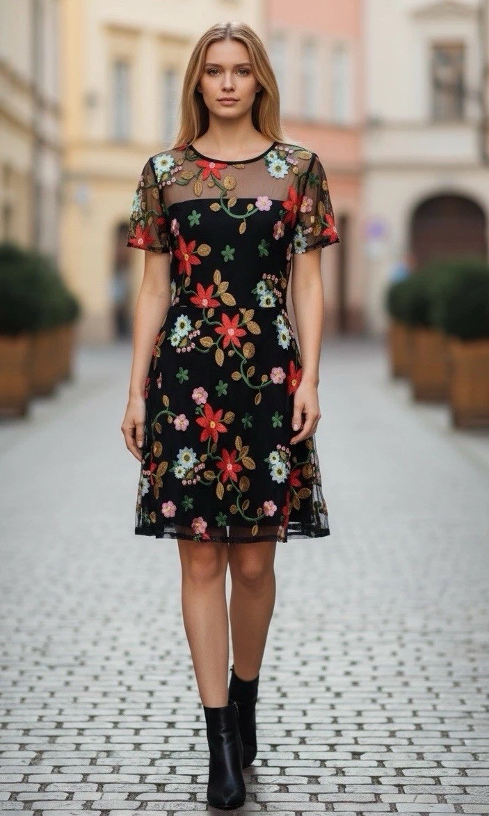 Ladies Sheer Black Net Overlay Dress Embroidered Bright Flowers Sheer Top Small