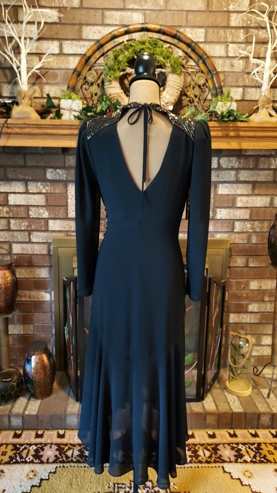 Vintage Casadei Black Beaded Ruched Asymmetrical Hem Wrap Cocktail Party Dress 6