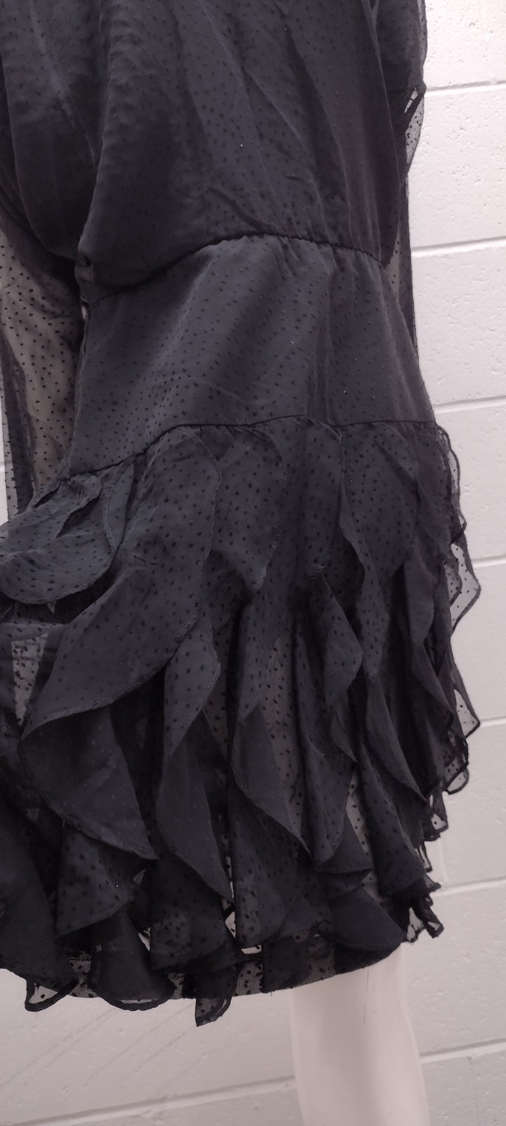 80s Batwing Sheer Chiffon Dress Black Flapper Scallop 80s Dolman Sleeves M/L