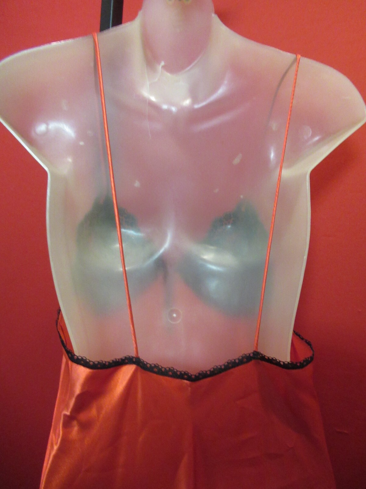 JENELLE Vintage 70’s Red Hot Sexy Silky Nightgown Lingerie Small Black Lace Trim