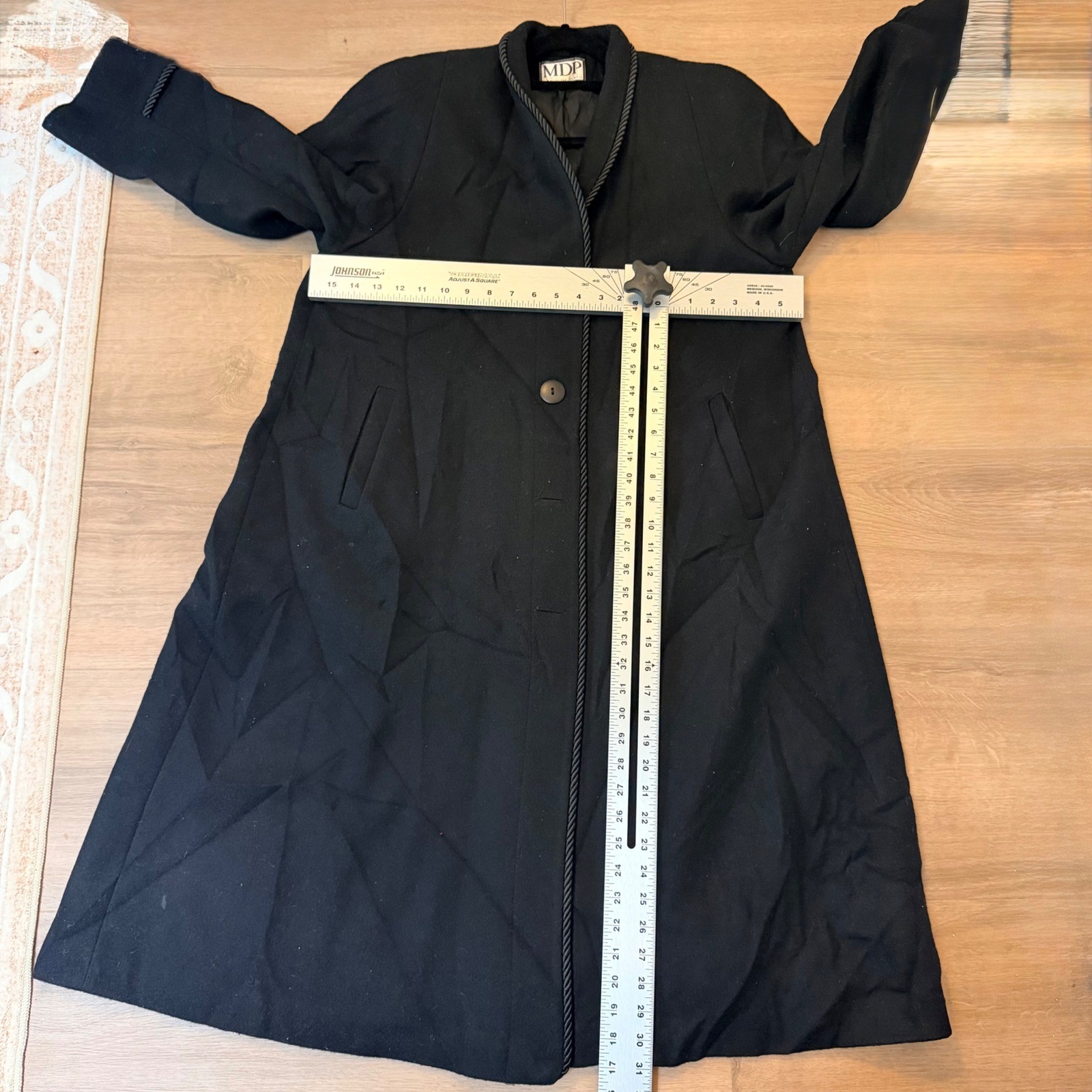 VTG Mario De Pinto 100% Pure Wool Black Long Coat Rope Piping USA Made Quiet Lux