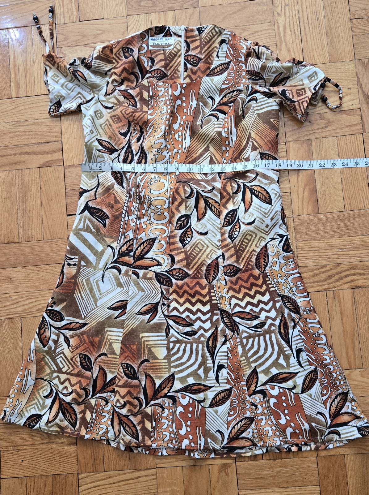 Vintage Emotions 90s Tribal Brown Short Sleeve With Bead Trim Past Knee Dress