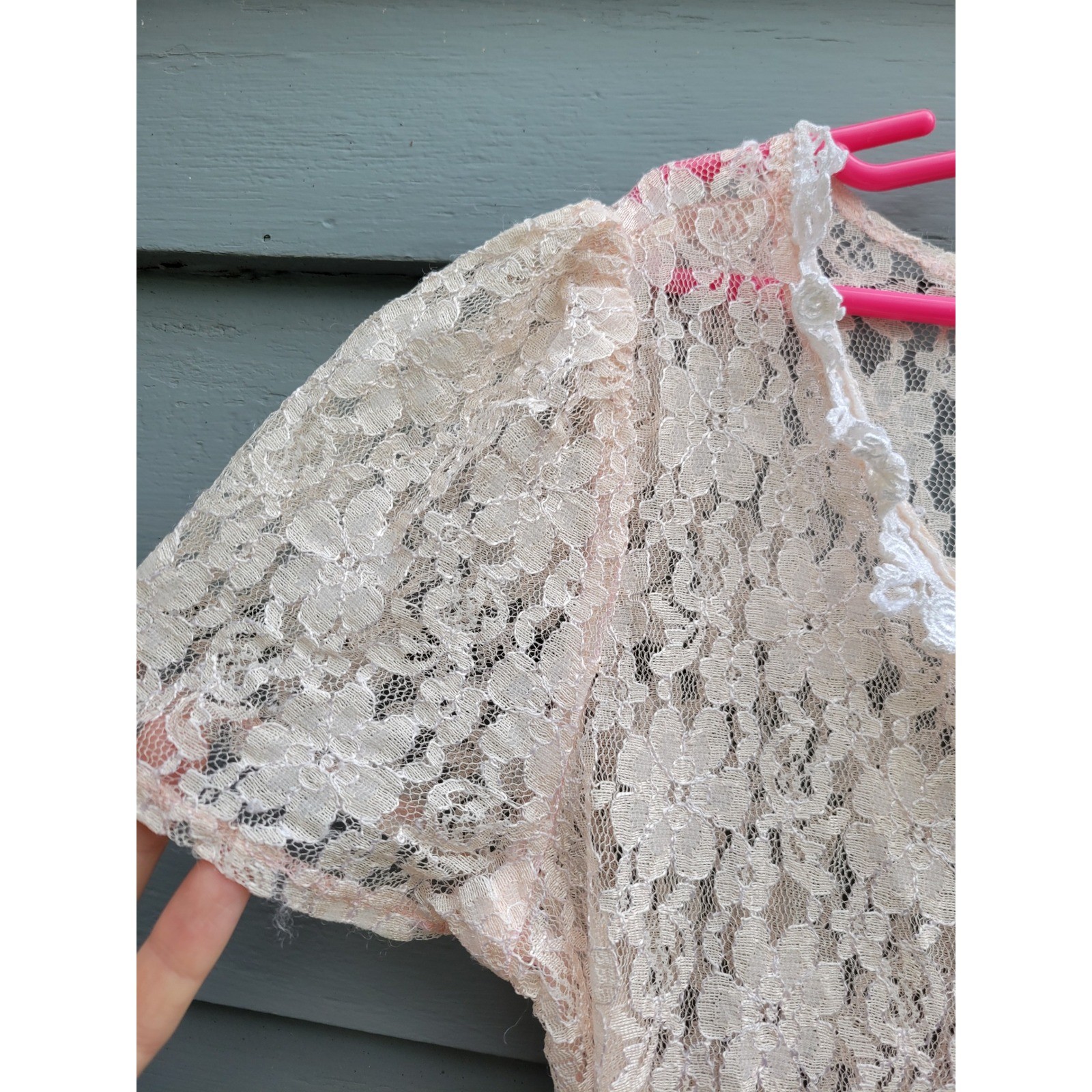 Vintage Lace Mini Dress Peach Pink Pearl Button Cottagecore Coquette Sheer Small
