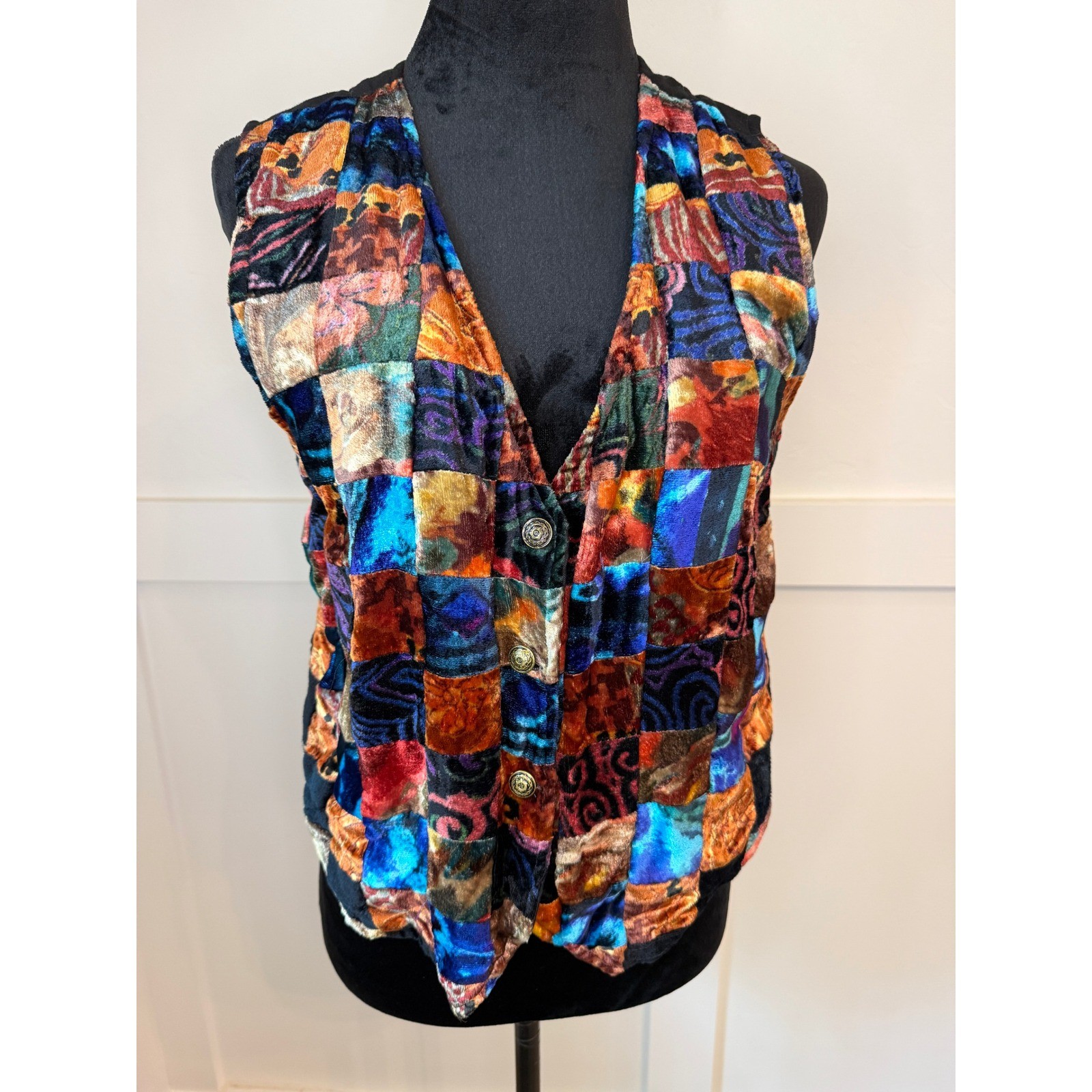 Vintage JouJou Patchwork Velvet Vest Womens Large Multi Color 90s Boho 00-588