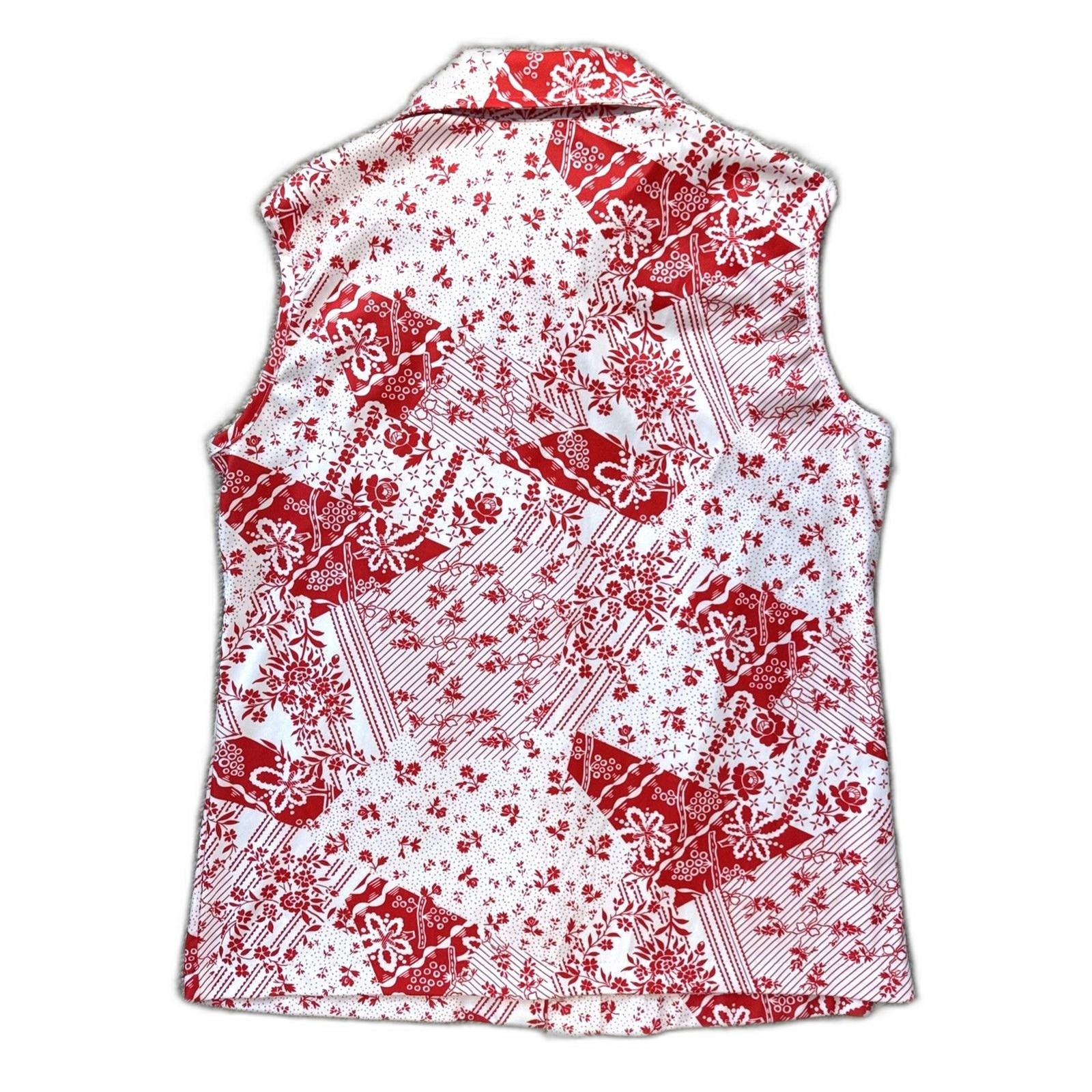 Vintage 70s Sears Sleeveless Blouse Womens M Red White Retro Mod Patchwork Top