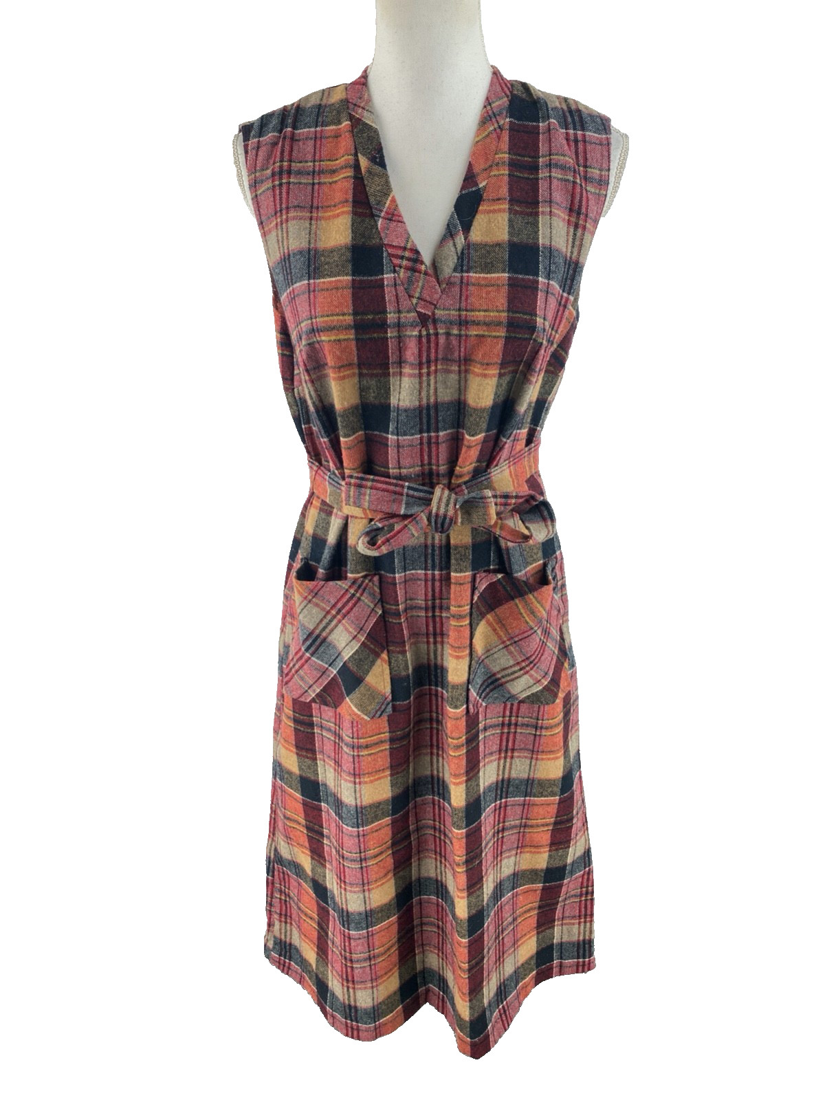 60s 70s Womens M/L Tartan Plaid Deep V-Neck Midi Dress Belted Patch Pocket Knit