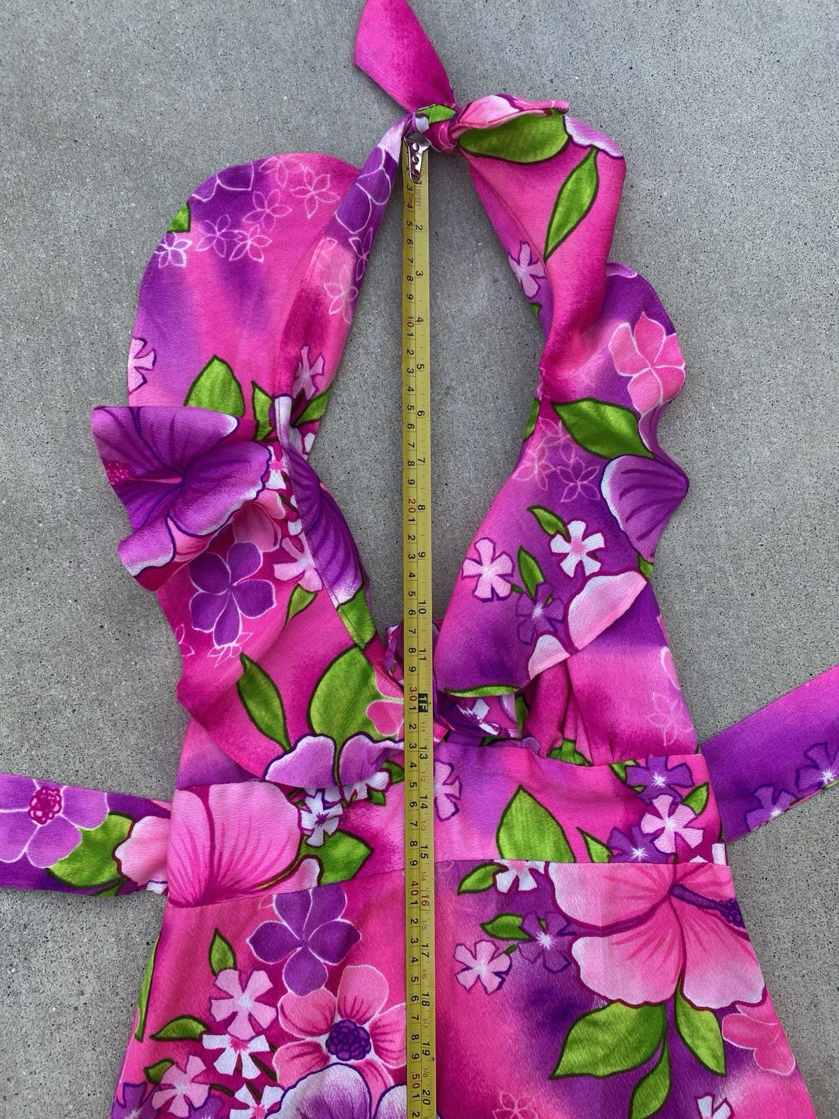 Vintage Pomare Hawaii Acrylic Hawaiian Halter Dress Ruffle Top Tiki Aloha Pink