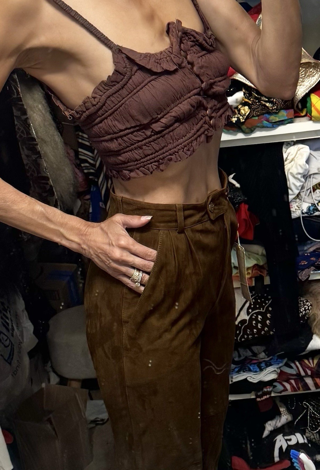 Vtg Jenny France Suede Pants Trousers Pockets Piping Brown Leather XS Tags