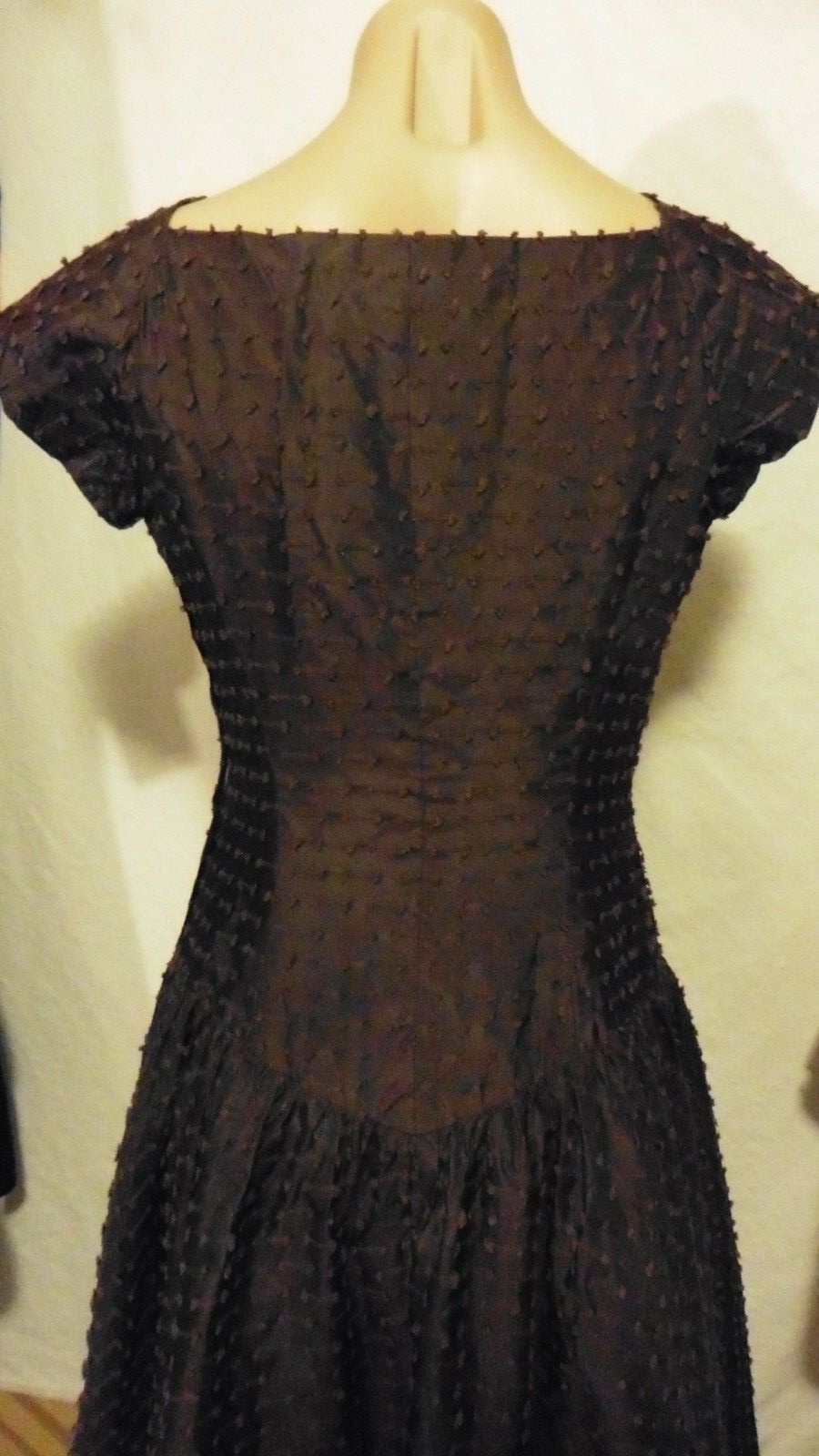 40s Dark Chocolate Brown Drop Waist Tufted Nubby Taffeta Party Dress sz S