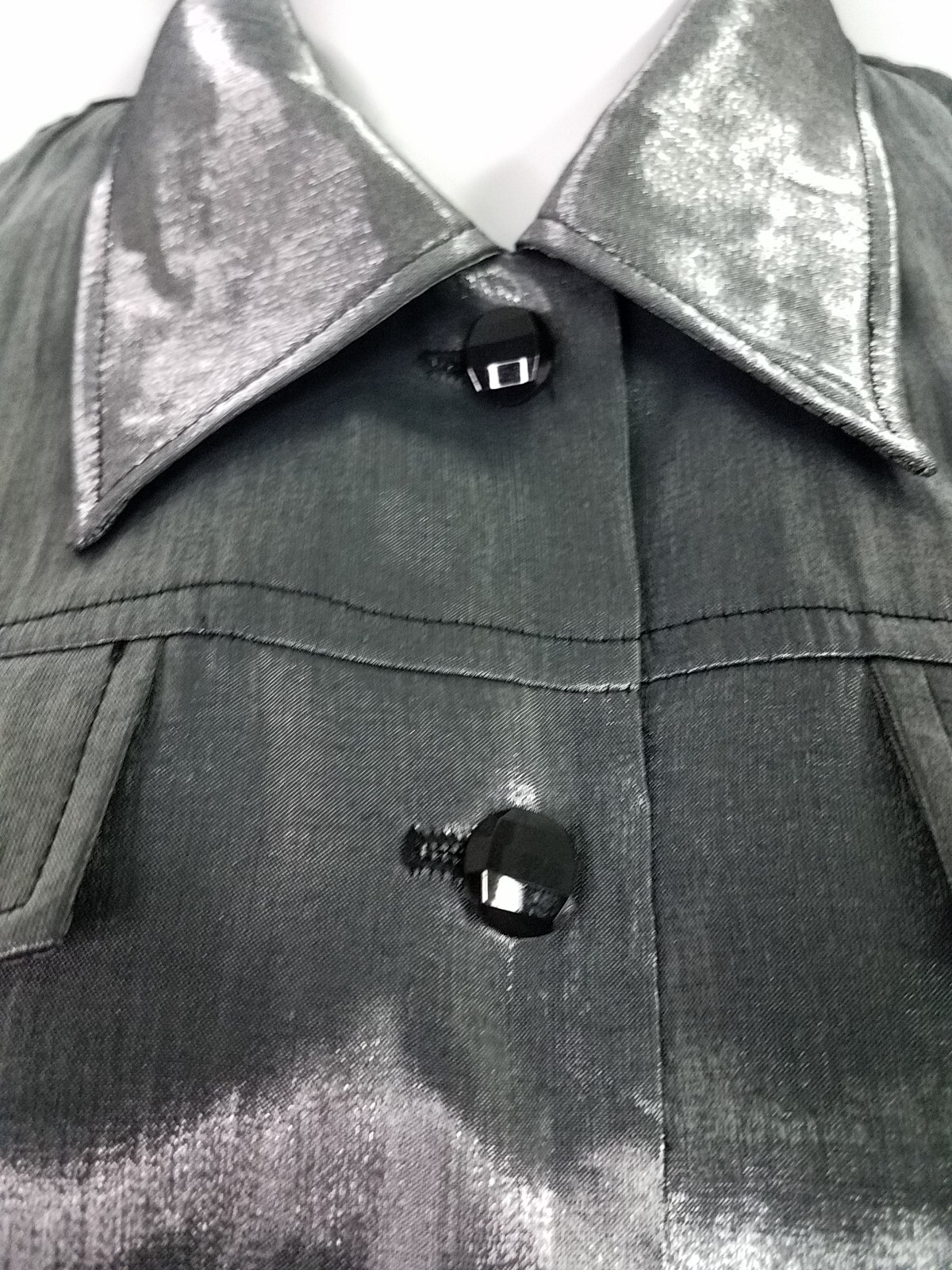 D.J. SUMMERS Disco 80’s Women’s Sz 12 Shirt Gray Shiny Satin Collar Buttons USA