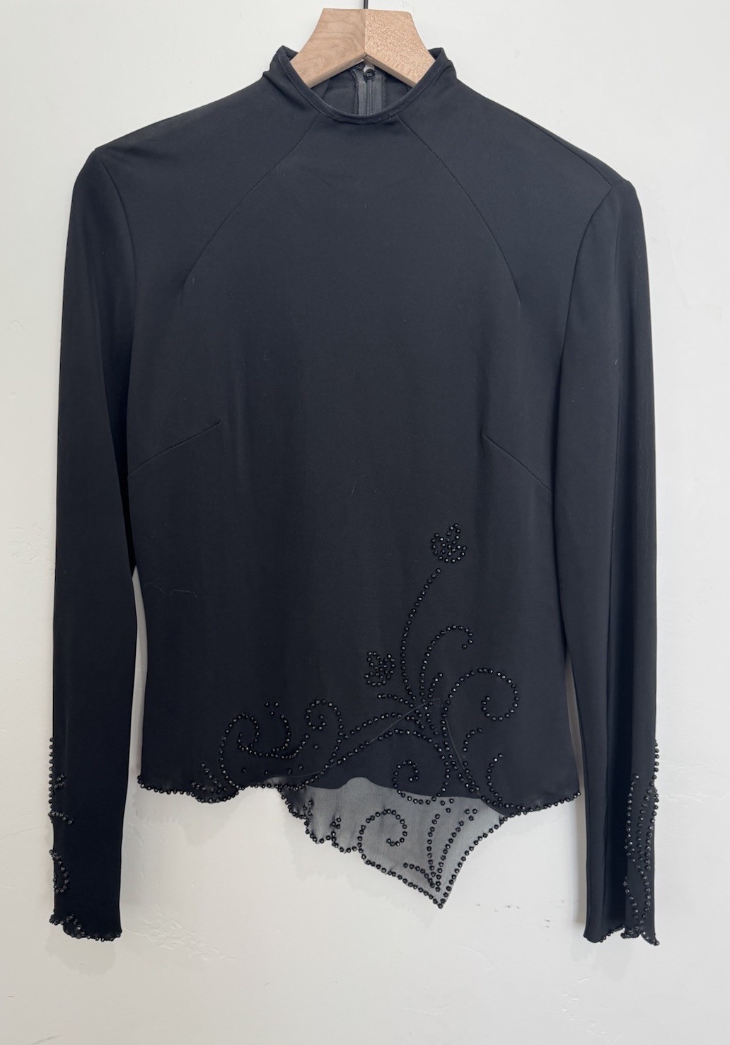 90s Vintage Scott McClintock Black Beaded Asymmetrical Long Sleeve Top Size 10