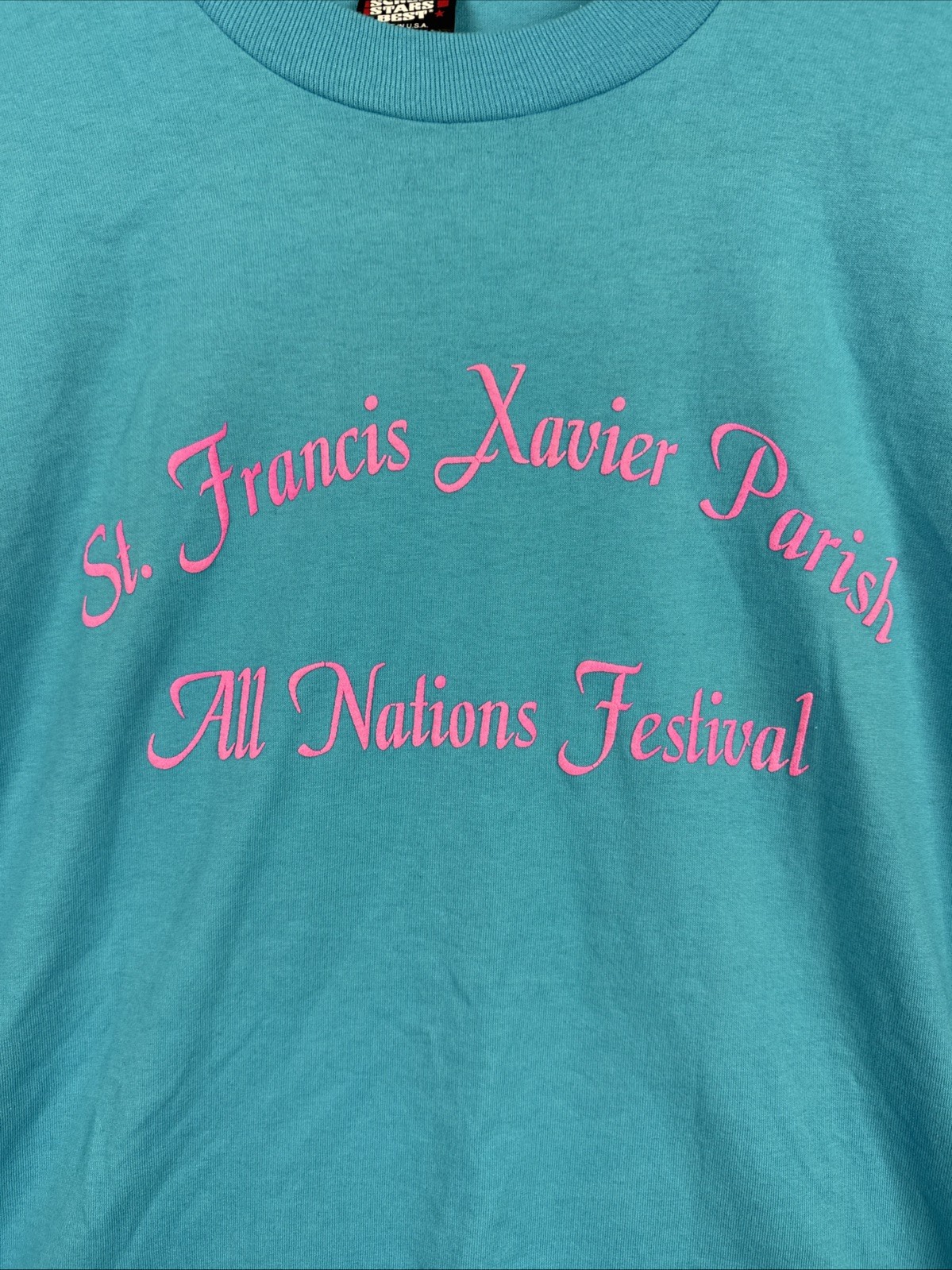 VTG Screen Stars Best T Shirt Blue Pink XL Made USA St Francis Xavier Parish
