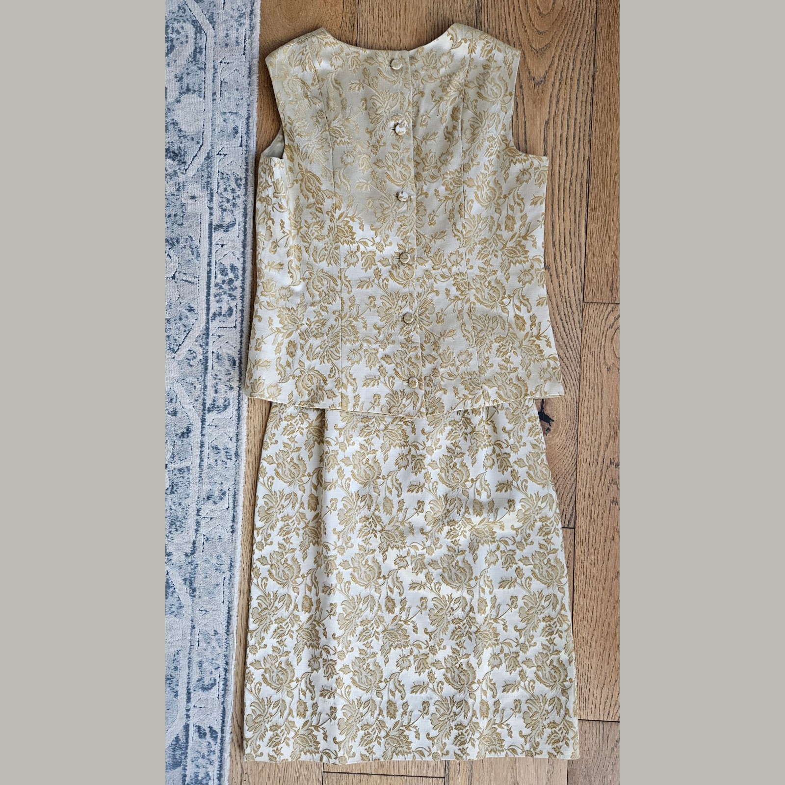 Vintage ILGWU Brocade Floral Jacket Top & Skirt Suit Beige Gold 1960s