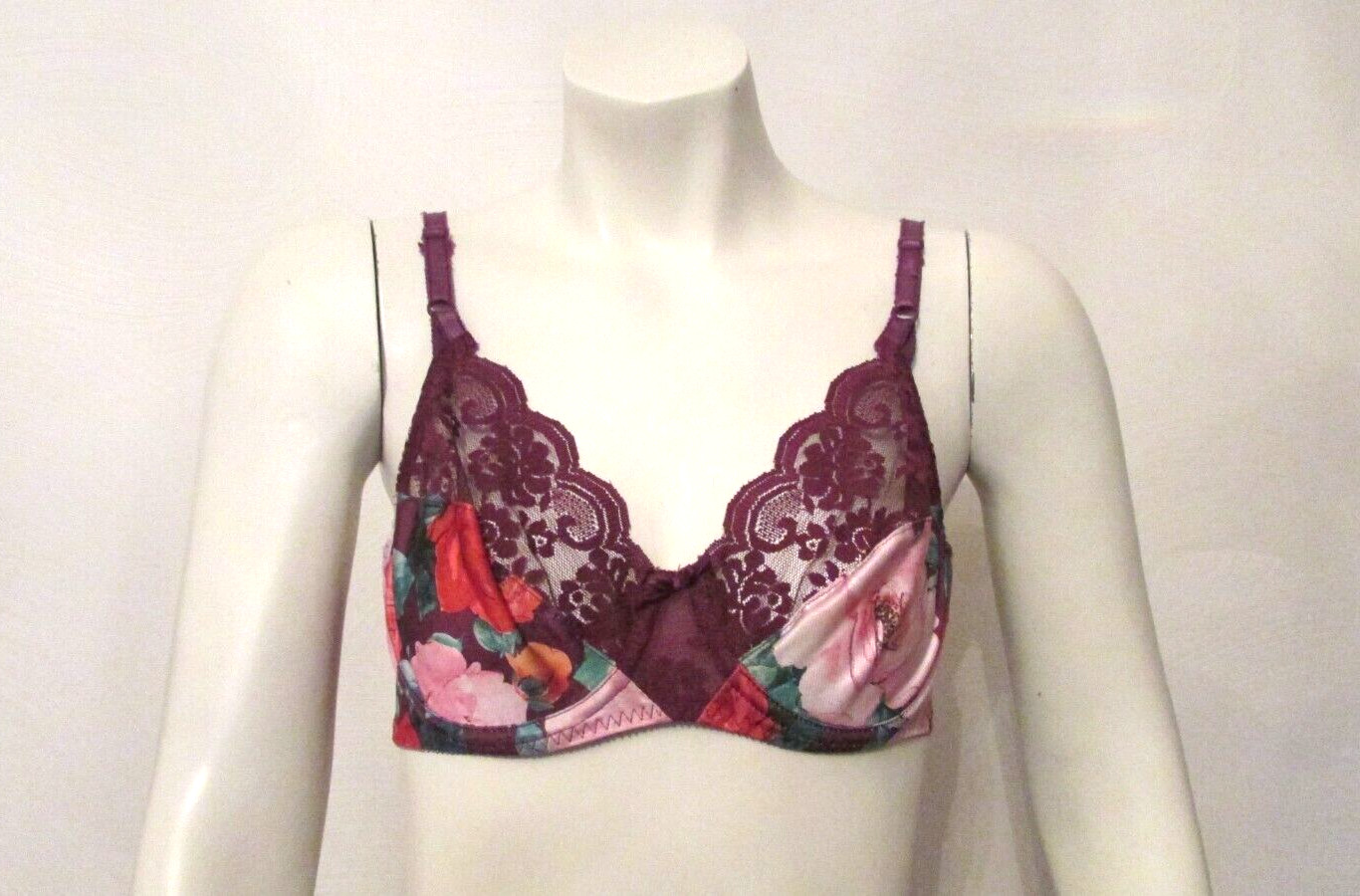 Maidenform Chantilly 7329 Floral Print Silky Satin Purple Lace Underwire Bra 36B