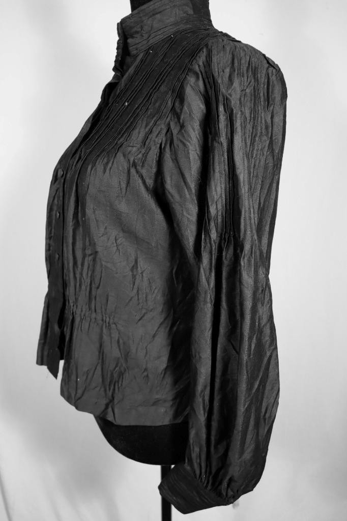 Antique Edwardian French Black Polished Cotton Pleated Blouse Size Small