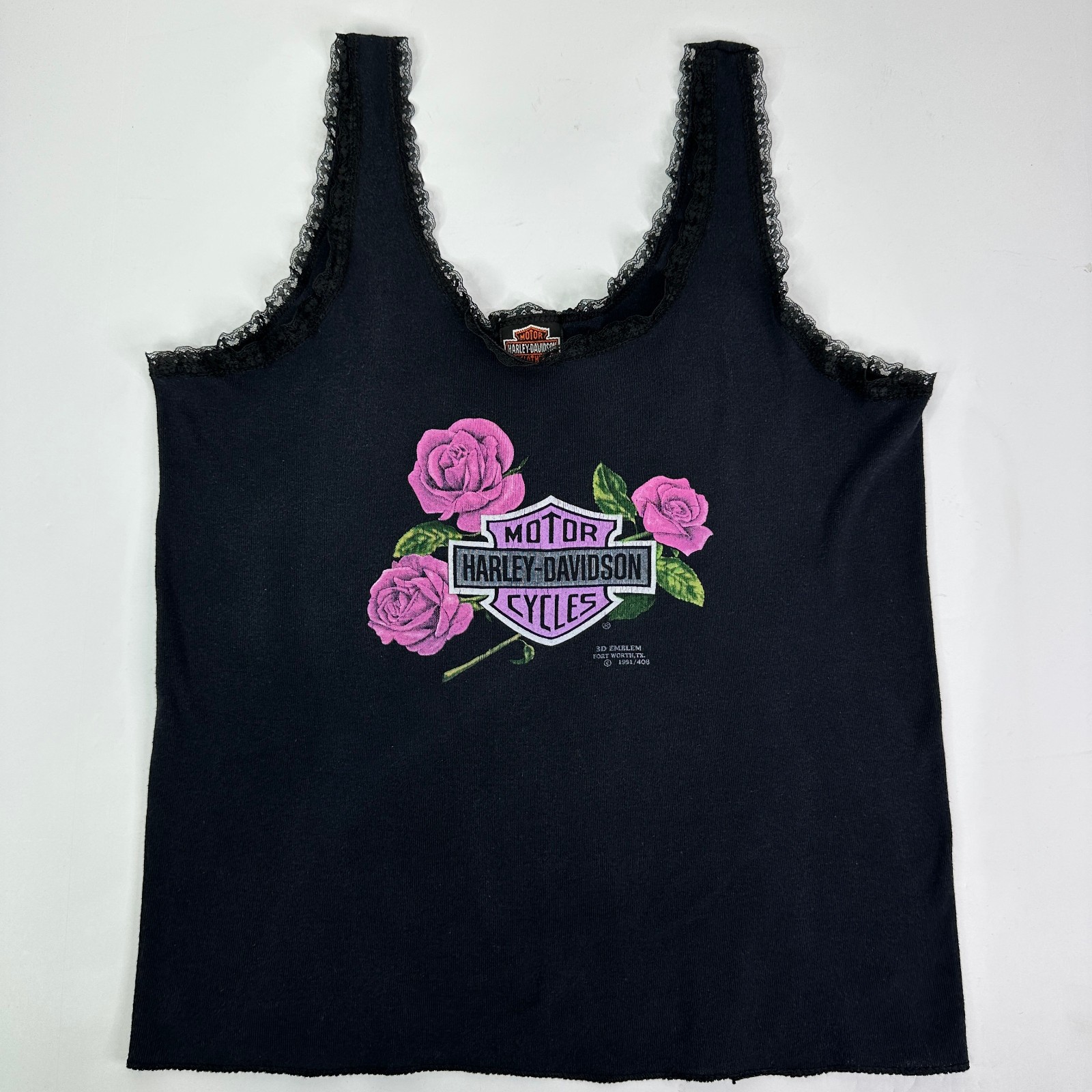Vtg Harley Davidson 3D Emblem Tank Top Womens XL Black Rose Lace Biker 90s USA