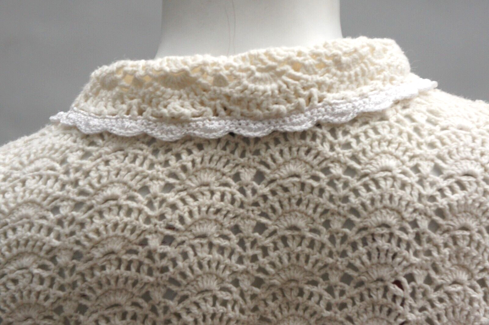 Vintage Jantzen Crochet Cardigan Sweater Open Knit Lace Mother of Pearl Buttons