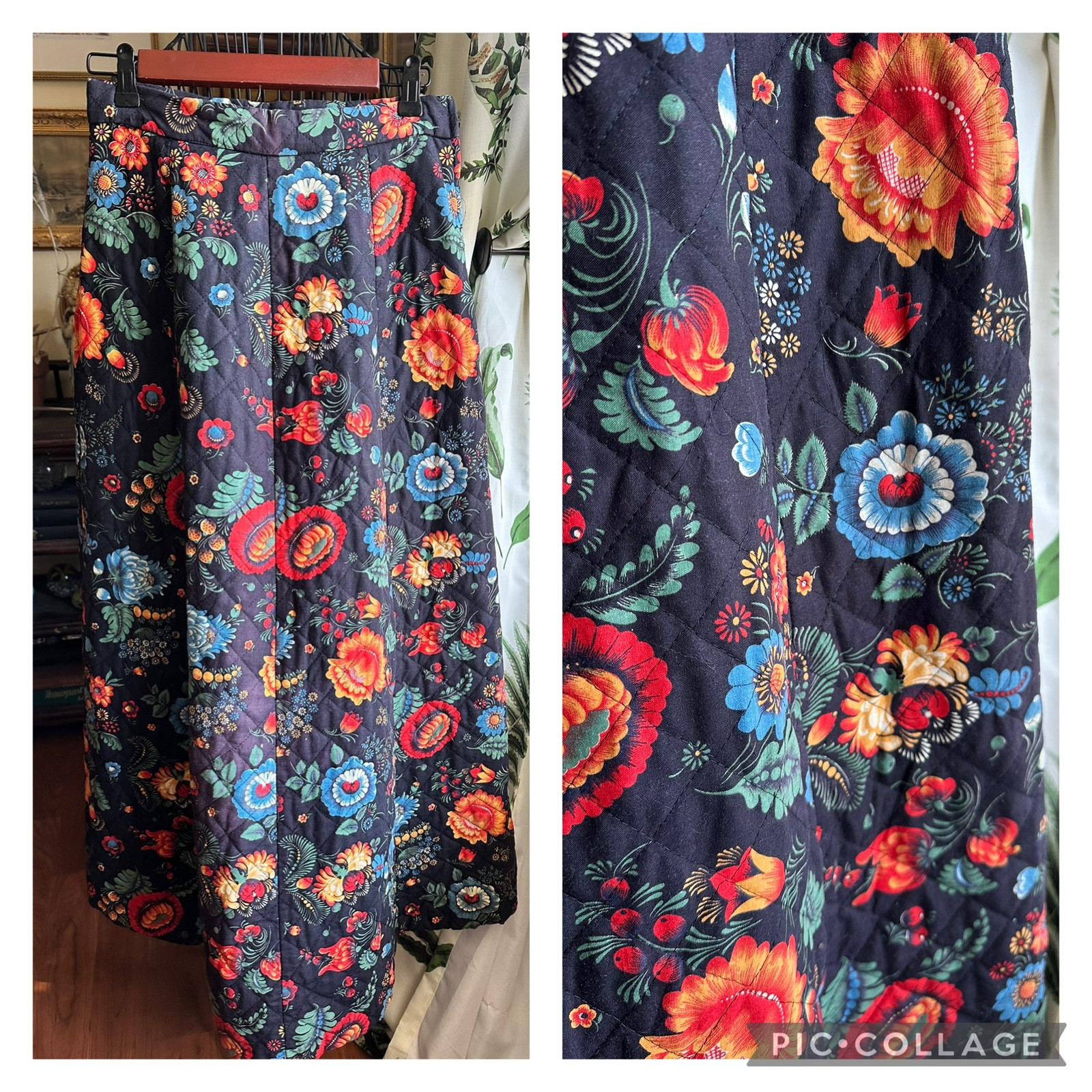 VTG 70s Floral Black Quilted Maxi Skirt Prairie Boho Century Of Boston