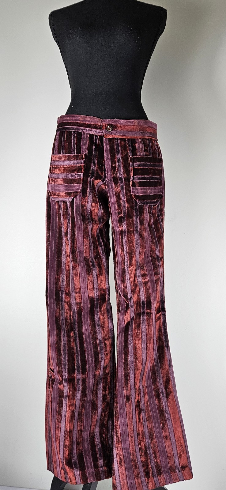 VTG 60S Red&Purple Strip Velvet Carpet Bag FLARED PANTS Bell Bottom Hippy 13/14