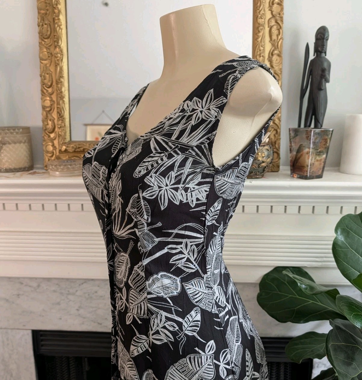 Vintage 90s Black Gray Graphic Shirtdress Size 8 Y2K Retro Tank Leaf Print