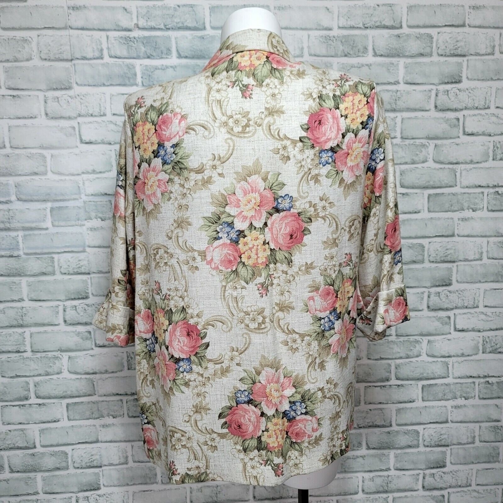 Vintage Joanna Womens L Cottagecore Floral 3/4 Cuffed Sleeve Open Front Blazer