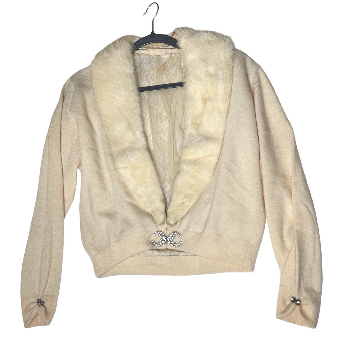 VTG 50s Bernhard Altmann 100% Cashmere Cardigan Sz M Mink FUR Collar Jeweled