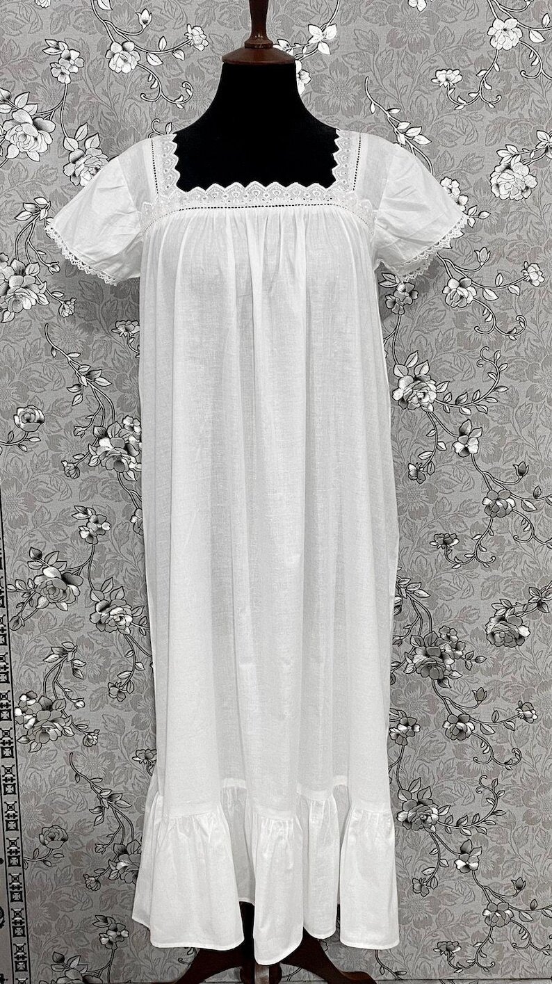 SoieRose Two-Tone 100% Cotton White Victorian Nightgown – SR-1038