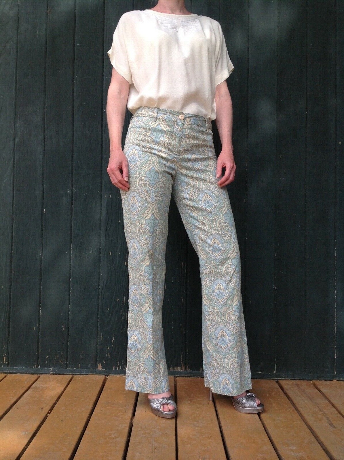 Sz2 HAROLD’S silk blend pants Mint Green Paisley ESSAY Vintage Blouse off white