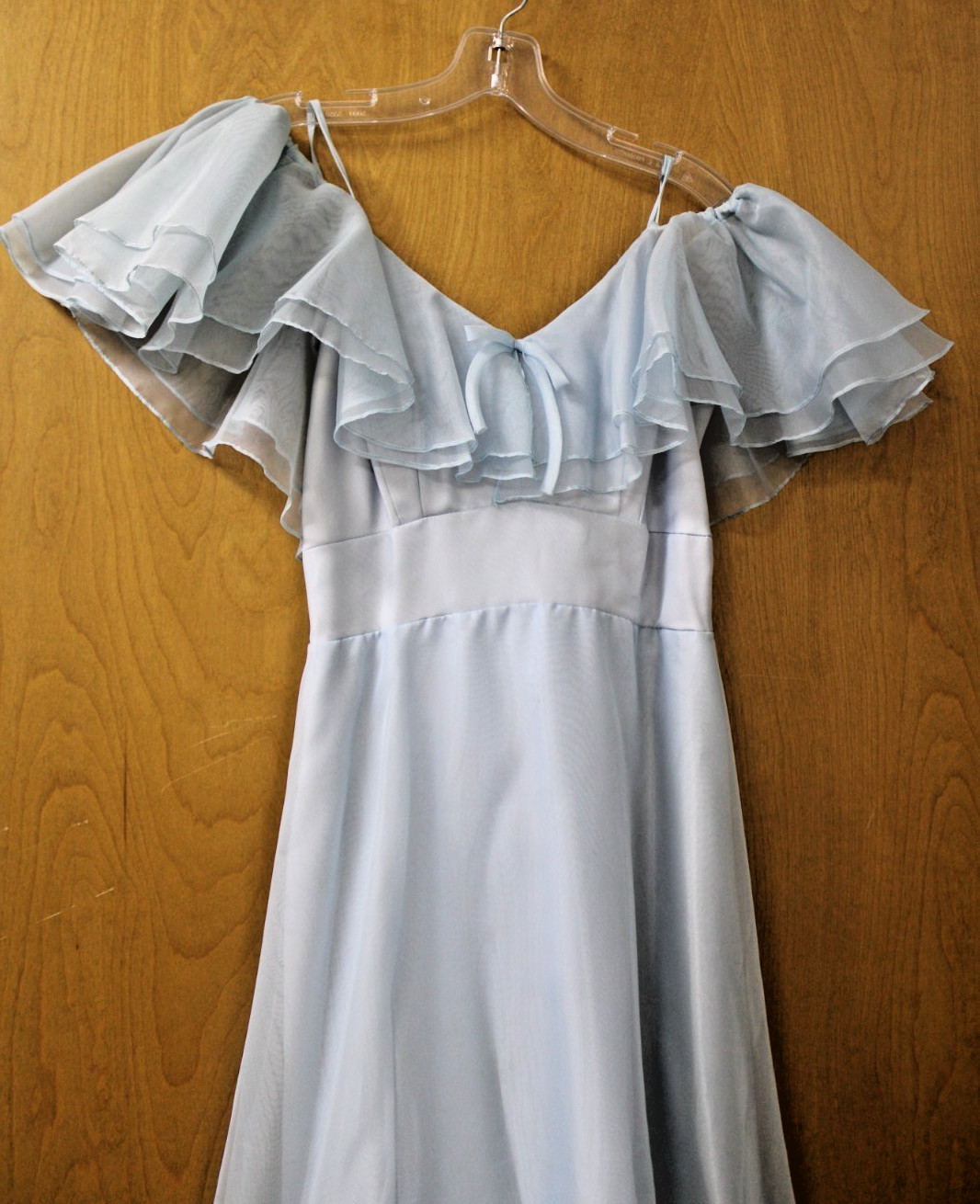 Vtg 70s Ice Blue Organza Formal Dress Off Shoulder Ruffle Tiered Prom Gown S XS