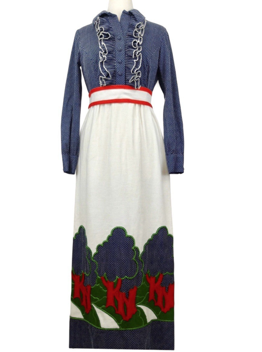 VINTAGE 1970s Brenner Couture Nature Patchwork Long Sleeve Slit Maxi Dress Sz S