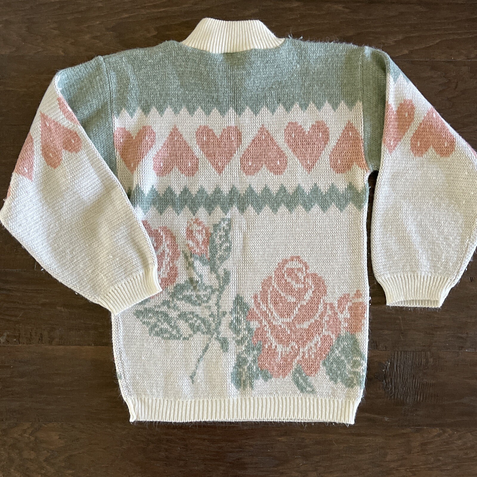 Vtg 80’s 90’s Sweater Womens Sz S White Pastel Roses Hearts Floral Cottage USA
