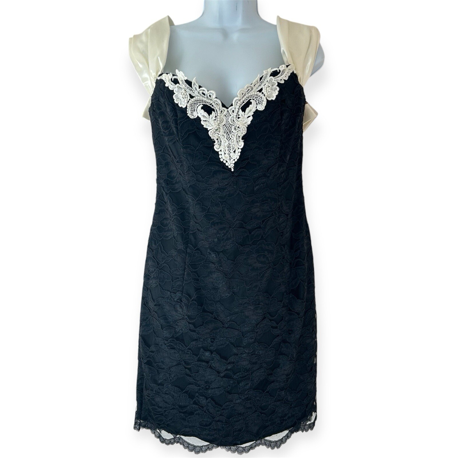ROBERTA Vintage 90s Lace Beaded Bow Back Midi Prom party Formal Dress Size 9/10