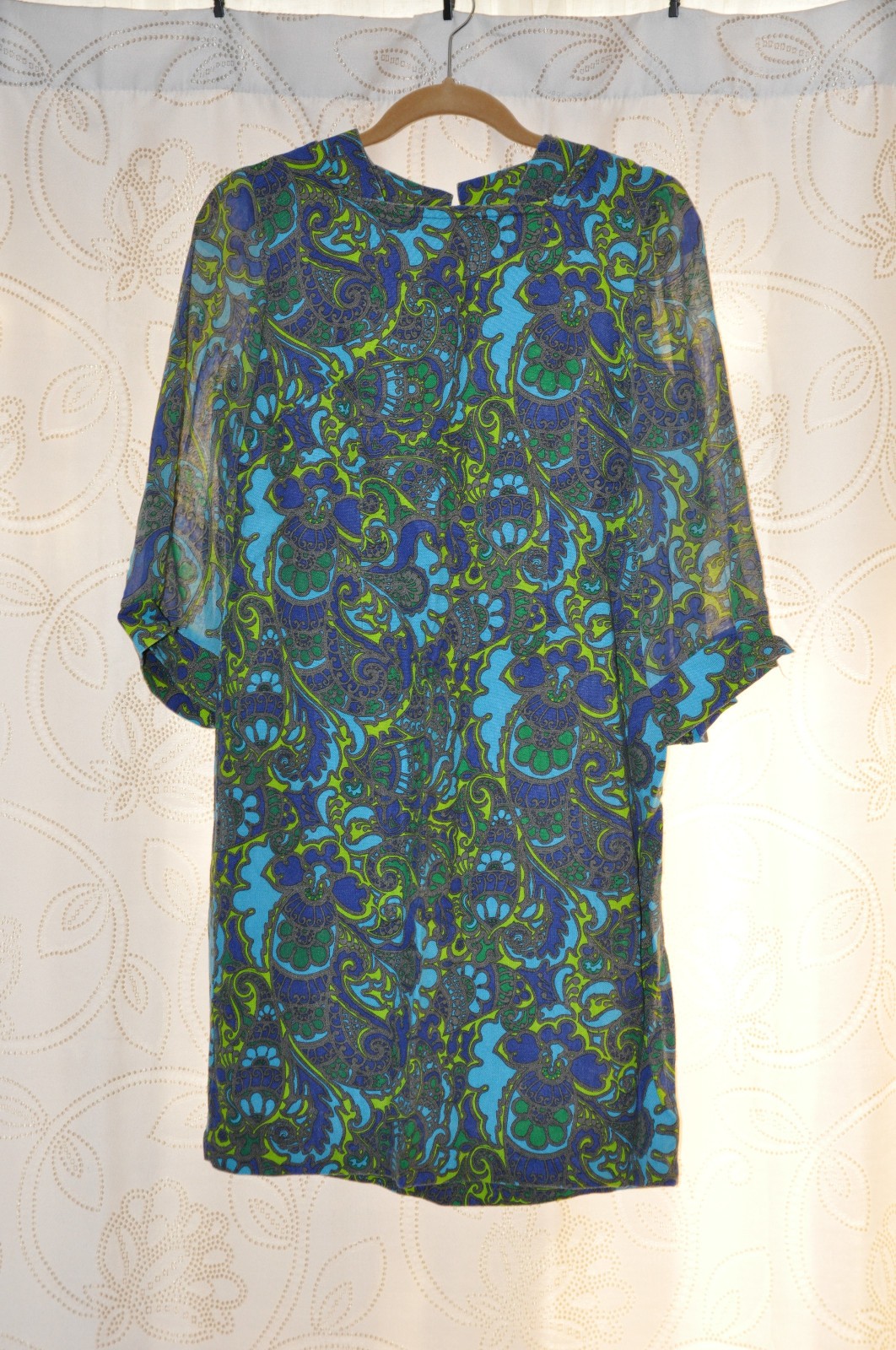 60s Vintage Blue Green Paisley Sheer Bell Sleeve Sheath Wiggle Day Dress Women S