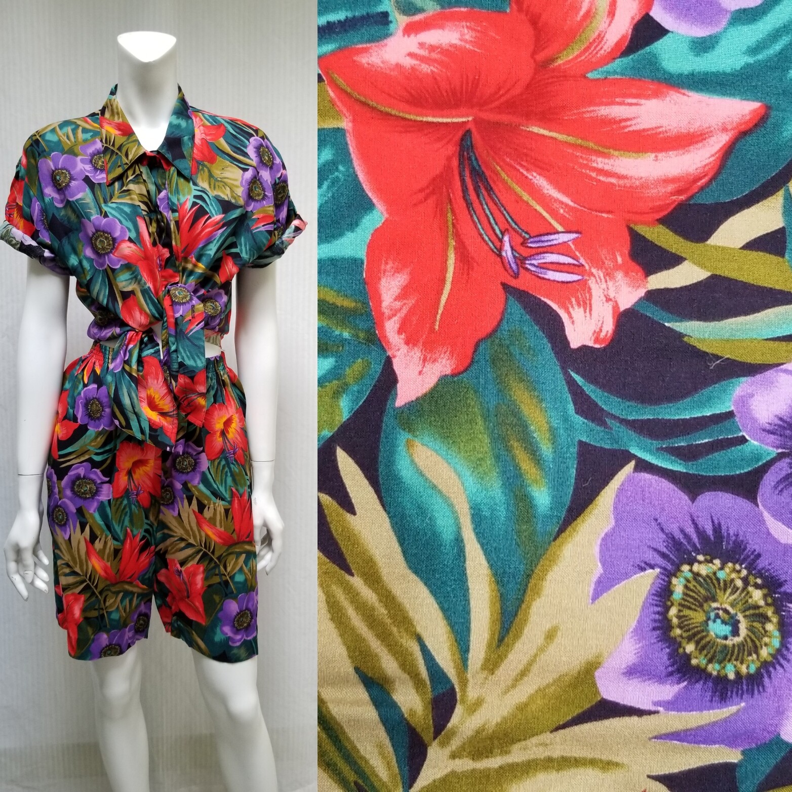 2 Piece Vintage ROBBIE SPORT Tropical Floral Print TOP & SHORTS Set – Size S/M